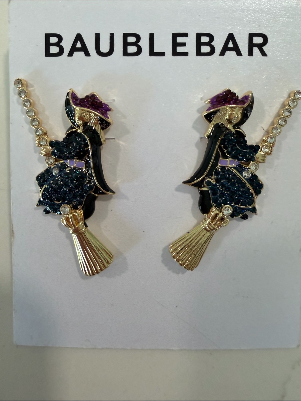 BaubleBar Black & Purple Witch on Broom Drop Earrings